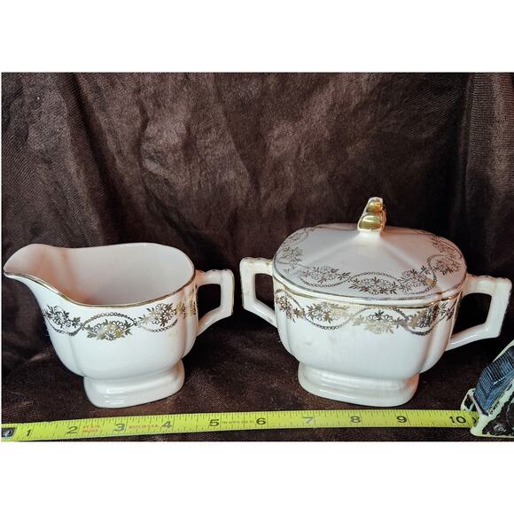 Vintage Gold and White Sugar and Creamer Set - Picture 1 of 15